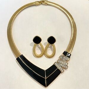 Vintage Trifari Gold Tone Black Enamel Snake Chain Necklace Art Deco Rhinestones